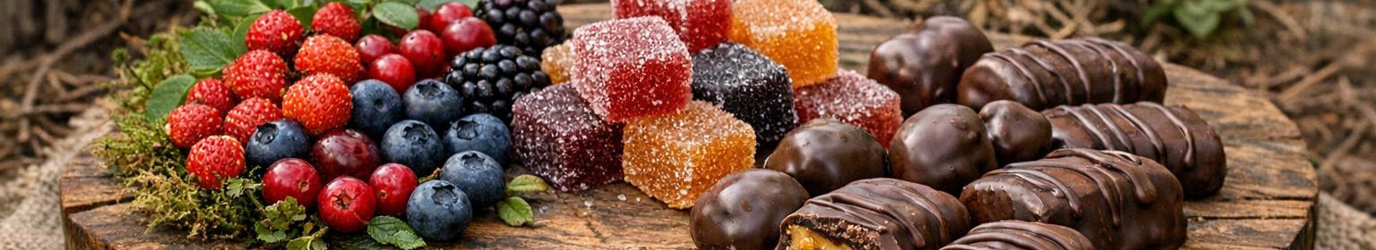 Valmistame marmelaadikomme orgaanilistest puu‑ ja marjapüreedest agar‑agariga, ilma kunstvärvide ja sünteetiliste säilitusaineteta. Toodetel on märgitud gluteenivabad, GMO‑vabad ja vajadusel vegan‑sobivus.