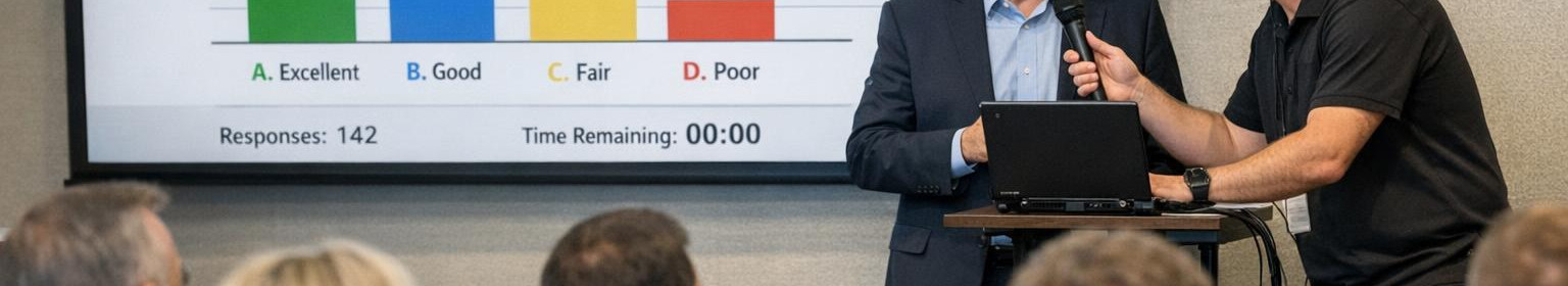 Wireless voting system and full service: real-time results integrated with PowerPoint, on-site technical support and post-reviews from up to 500 participants.