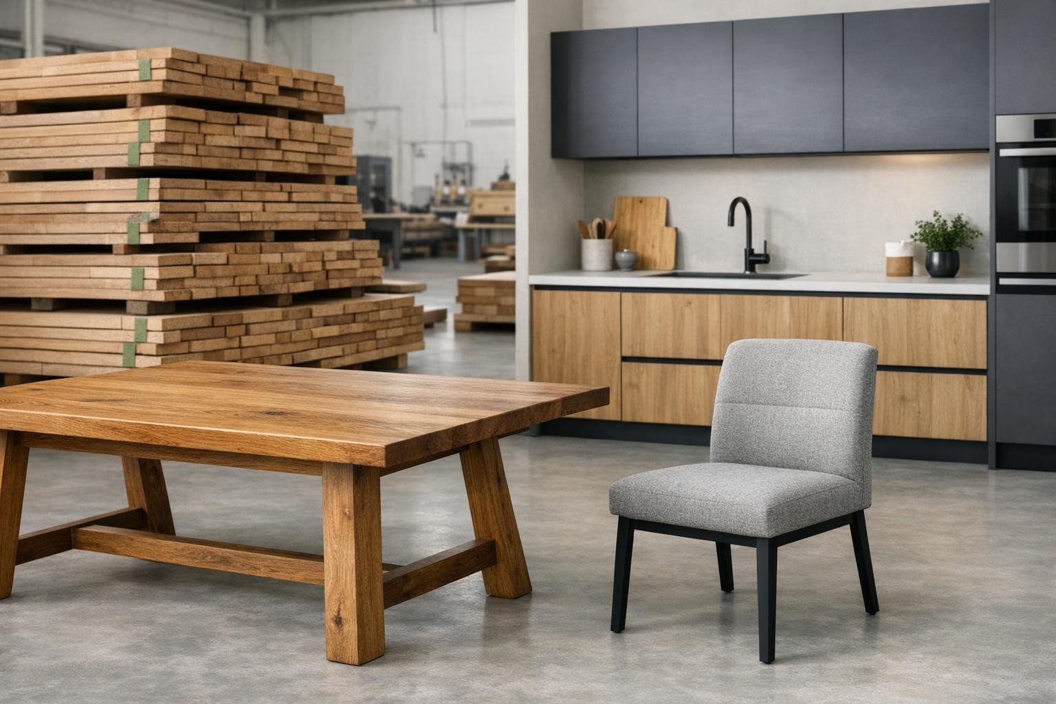 We manufacture wooden, padded and tile furniture (HPL/melamine) from raw materials to finished parts. We offer OEM production and follow documented sustainability and behavioural rules.