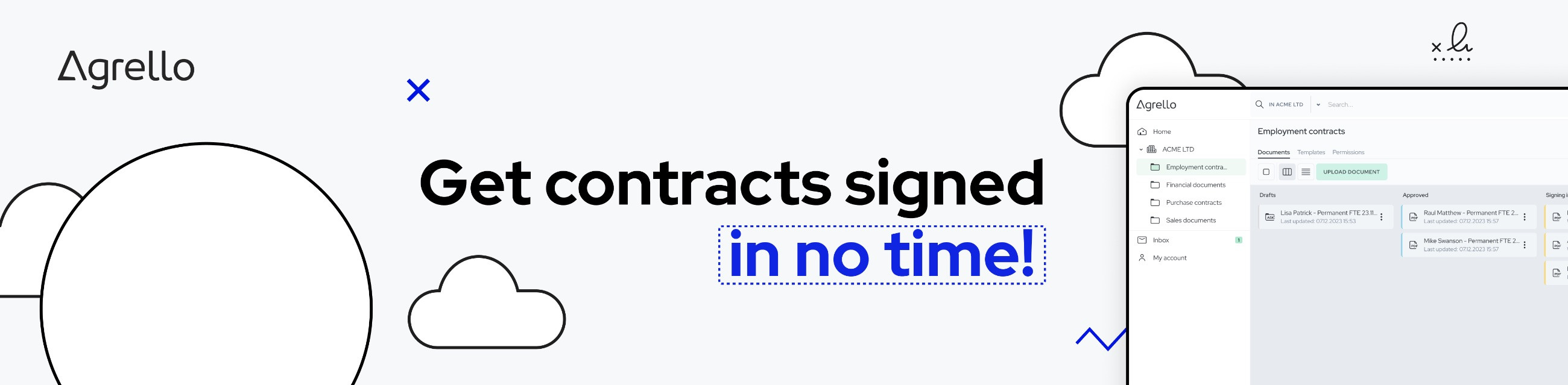 Agrello is a contract creation, signing and management platform for SMEs, that helps to discover and eliminate legal bottlenecks and increase productivity.