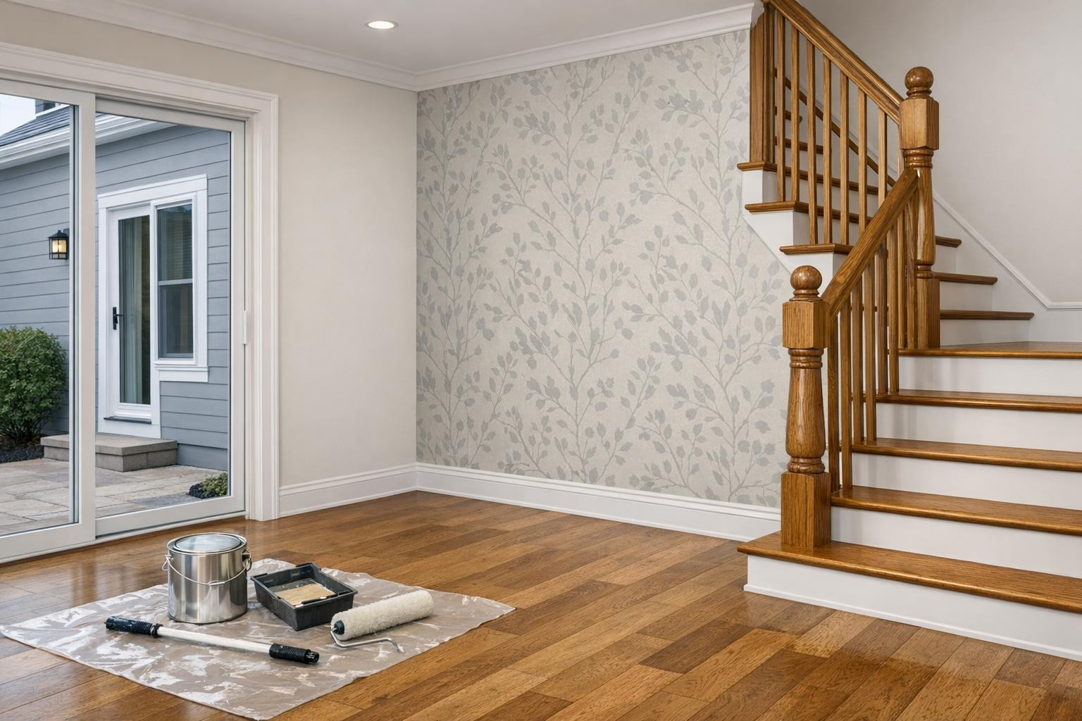 stair finish, Painting, installation of finishing materials, painting of walls, wallpapering, plugging, Installation of floor coverings, installation of slats, decorative elements, finishing the interior