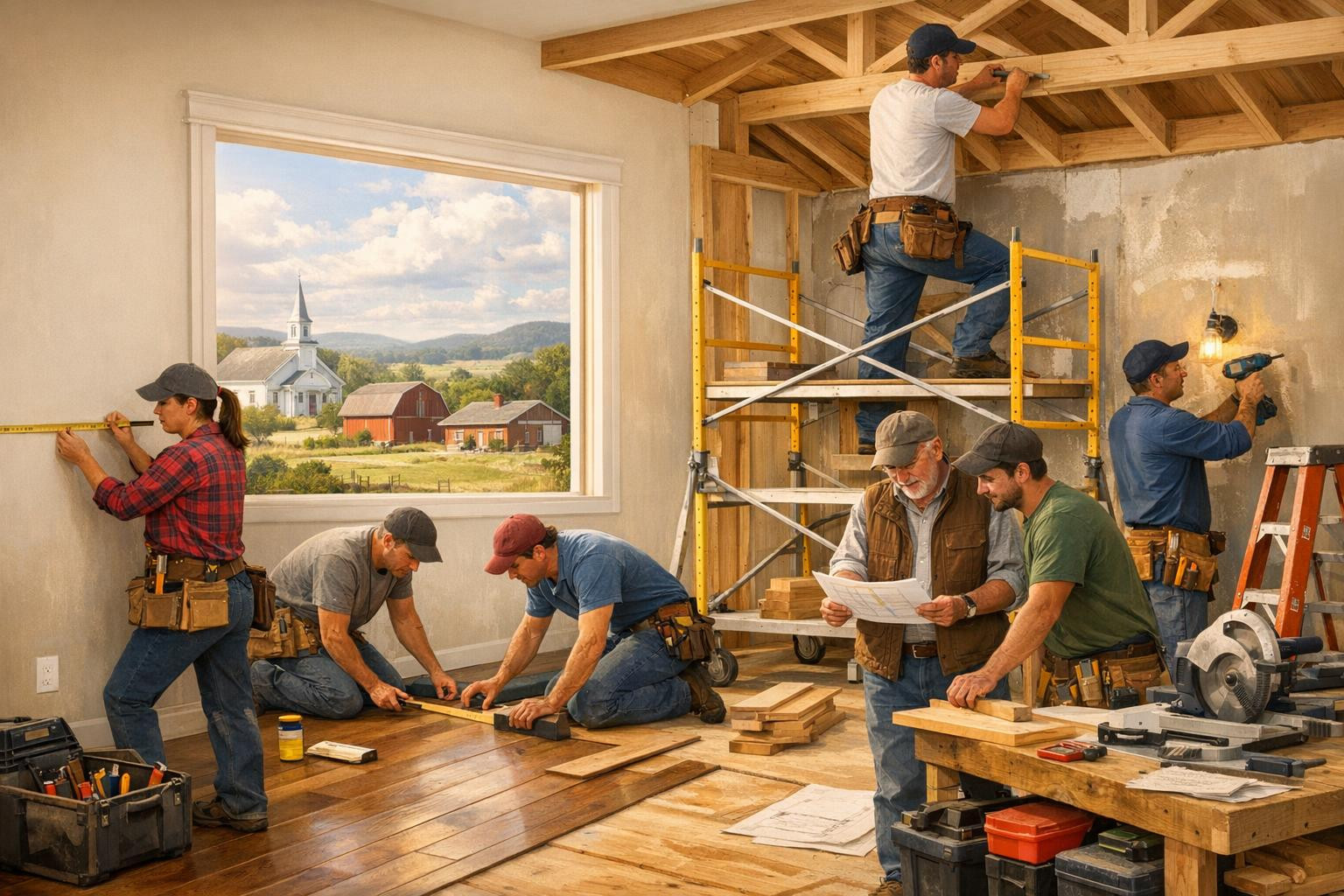 electrical systems, wallpapering, wall coverings finishing, floor covering services, ventilation, heating solutions, demolition of walls, updating systems, replacement of doors, painting