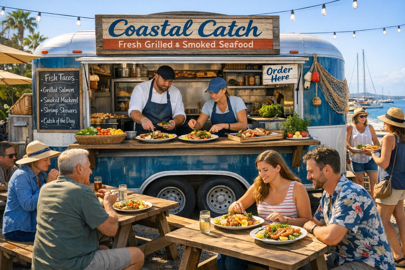 fish dishes, food truck catering, seafood street food, food service trailer, fresh dishes, grilled fish, smoked fish, company party catering, eating on site, special menus