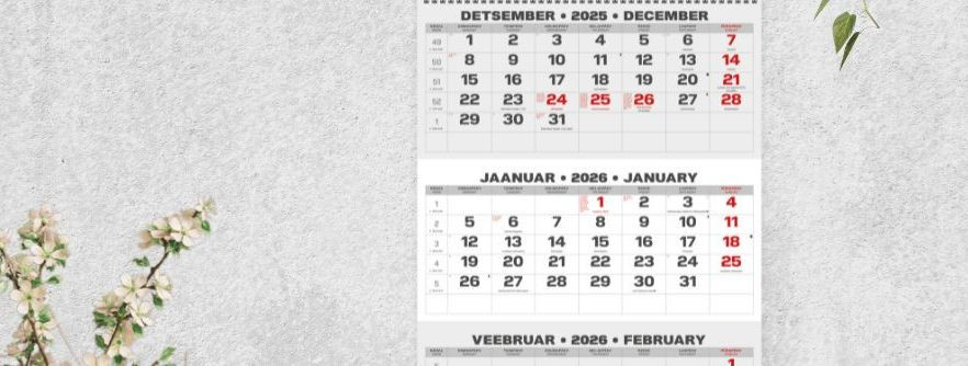 Kalendri päis on mõõtudega 297 × 210 mm ja valmib teie kujunduse järgi; kujunduskavandi saab   laadida siit (PDF)   Kalendrilehed on mõõduga 297 × 420 mm ning s