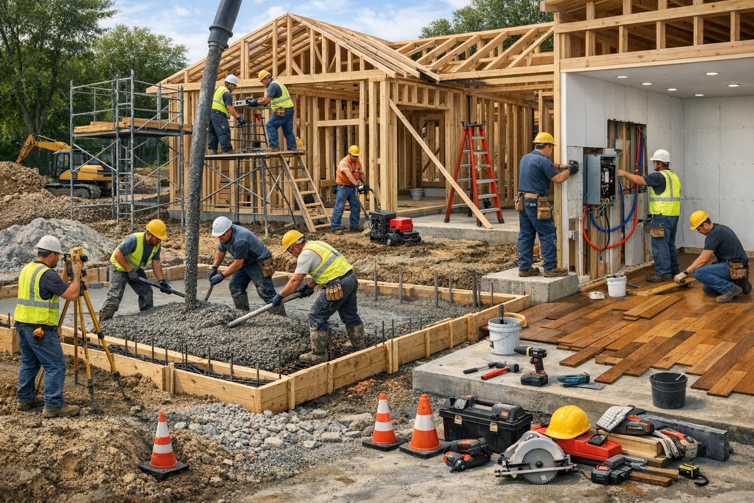 Ehitustööde praktilised rakendused hõlmavad mitmeid erinevaid valdkondi ja tööetappe, alates ehitusplatsi ettevalmistusest kuni lõpliku viimistluseni. Siin on m