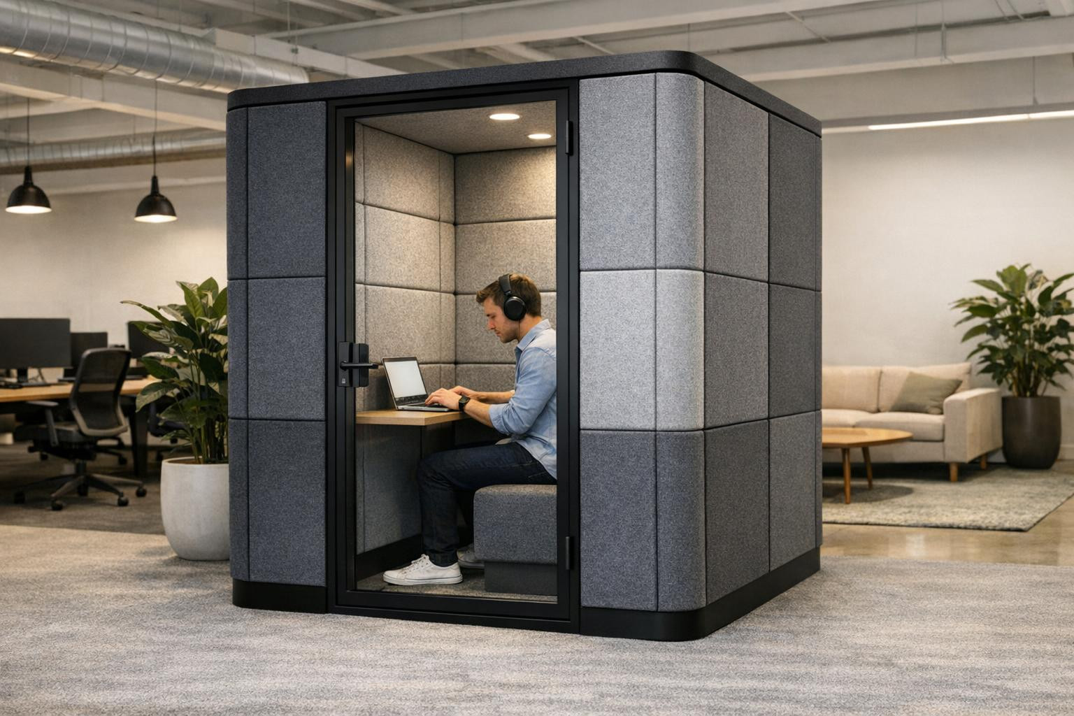 Silent concentration without room transformation     Acoustic box   offers a quick and effective solution for noise reduction and   office privacy   in open-pla