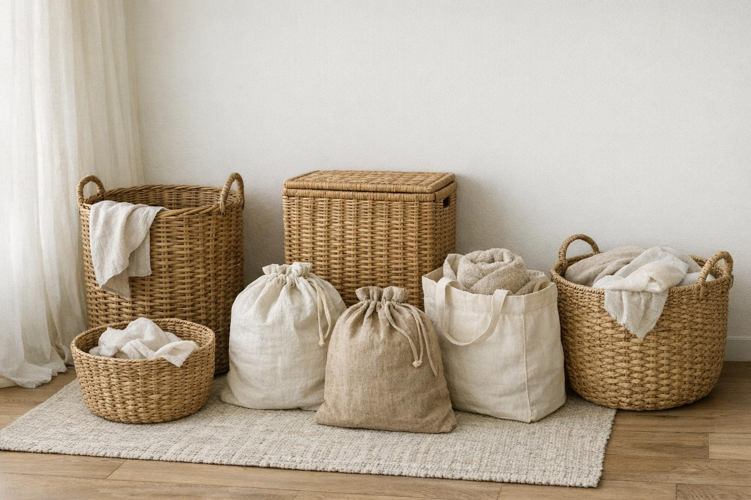 Hand-wash baskets  and   fabric bags  combine minimalist beauty and daily functionality by providing smart storage in every corner of the home. Made from qualit
