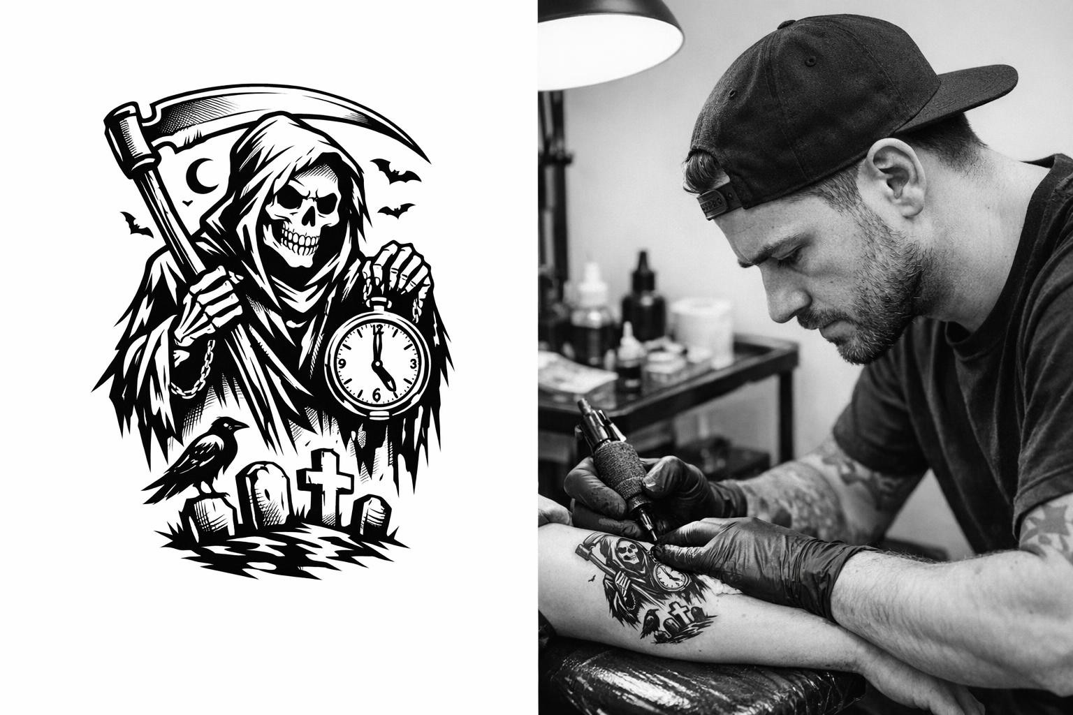 Must‑valge kunst  ühendab klassikalise kontrasti ja tänapäevase joone, et luua tätoveeringuid, mis kestavad trendide muutudes. Kohandatud must‑valged tätoveerin