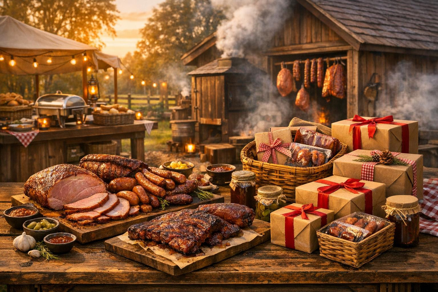 Authentic flavours, family preparation    <  Handicraft smoke products  bring on the table hand-picked meat  smoked meat   and   handicraft meat  , seasonal 