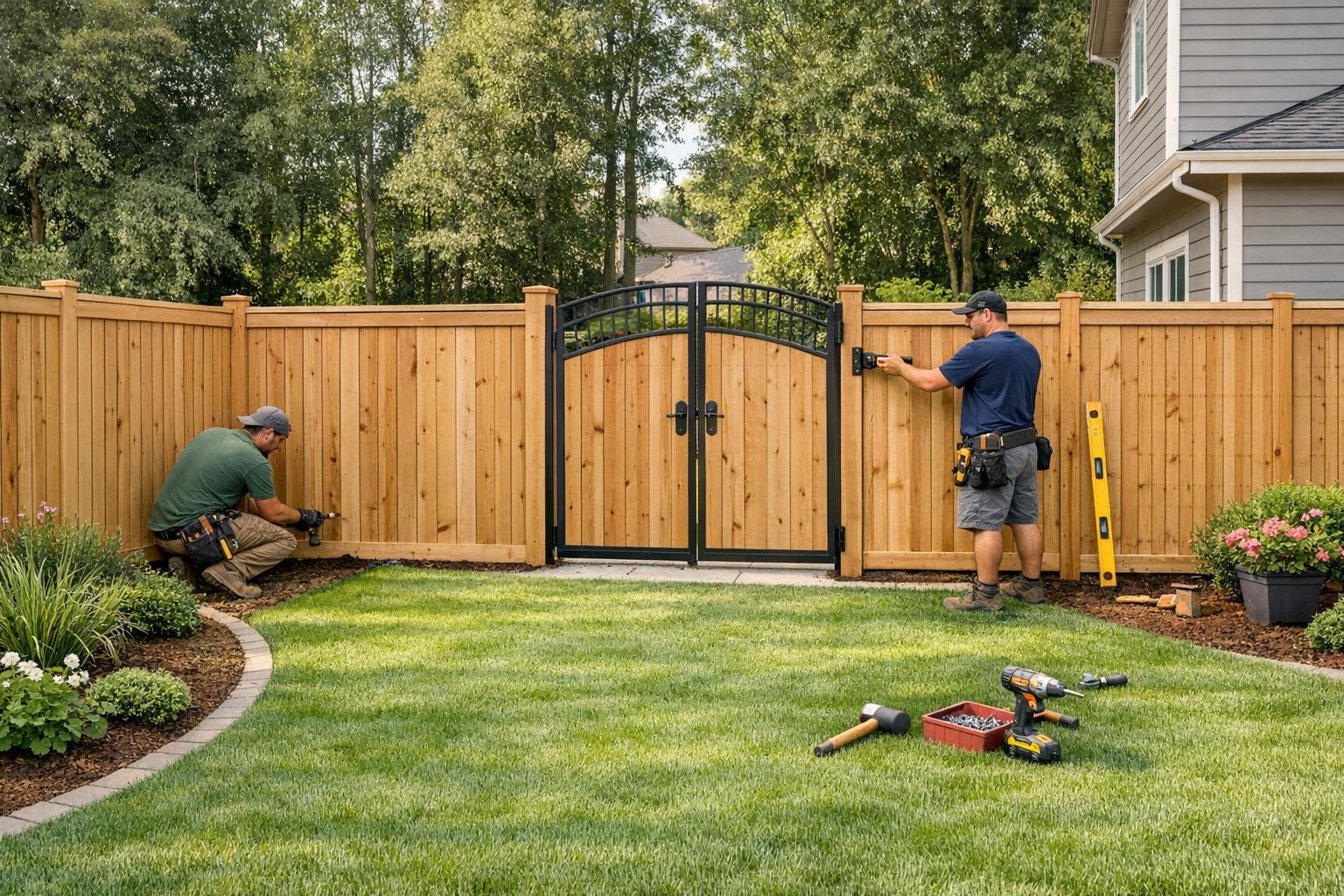 Full demarcation and gardening solution that combines strong demarcation systems, high-quality gates and cared lawn improvements. In a wide range of wooden gard