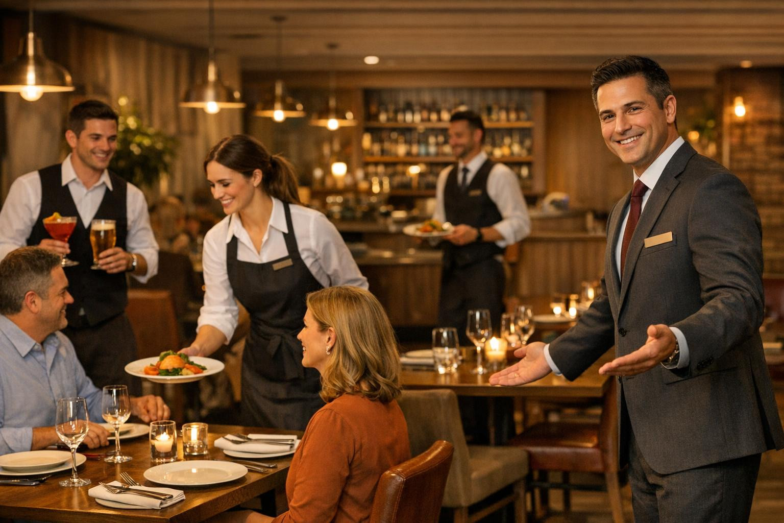Friendly and professional restaurant staff creates a pleasant and unprotected meal experience at each visit: accurate table service, skilled drinking service an