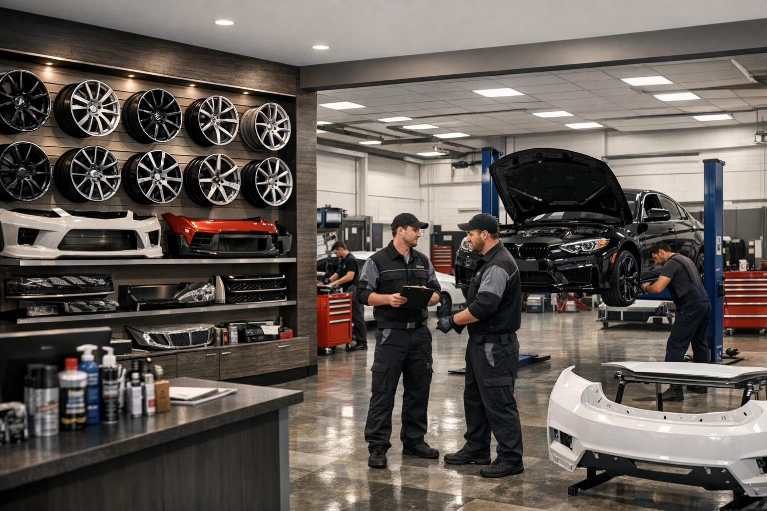 Full range of car accessories and services  - aluminum wheels, tyres, body parts and lights with professional installation and adjustments to ensure accurate fi