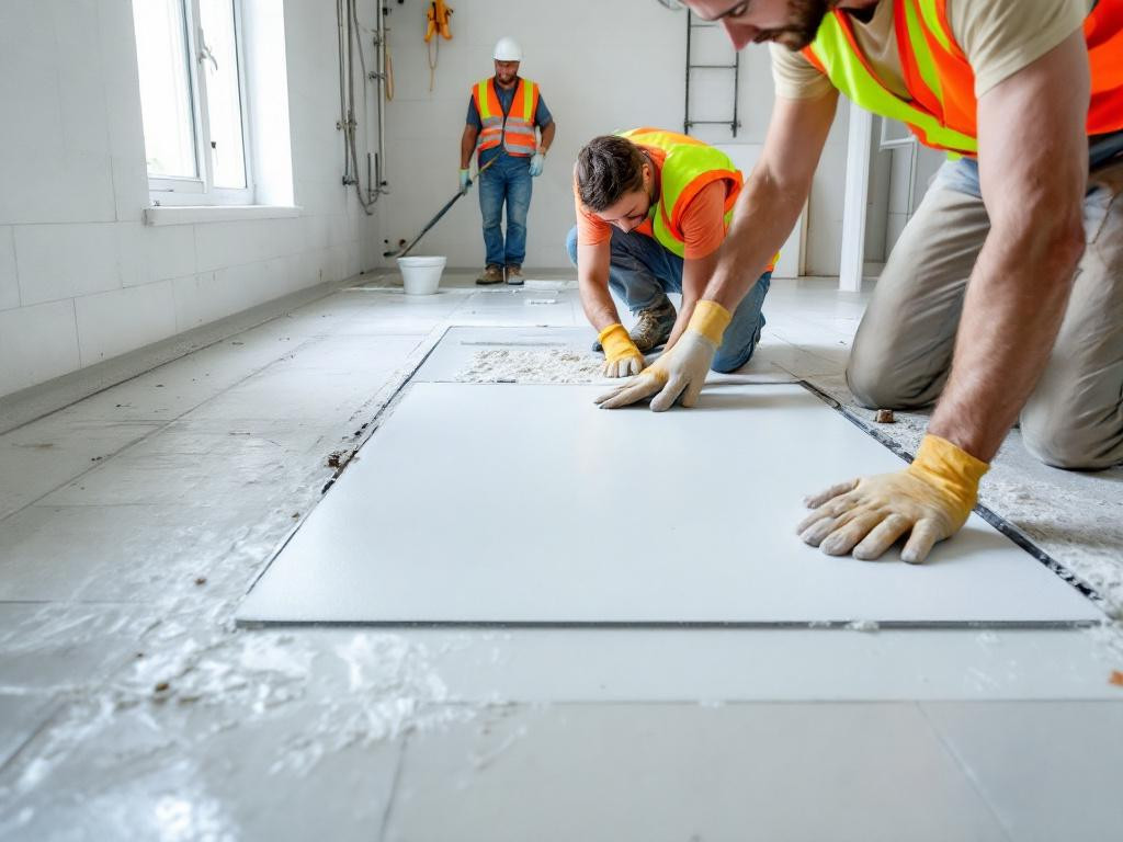 Focused solutions for permanent and watertight floor    < The installation of ceramic floor tiles   begins with precision: preparation of the base surface, p