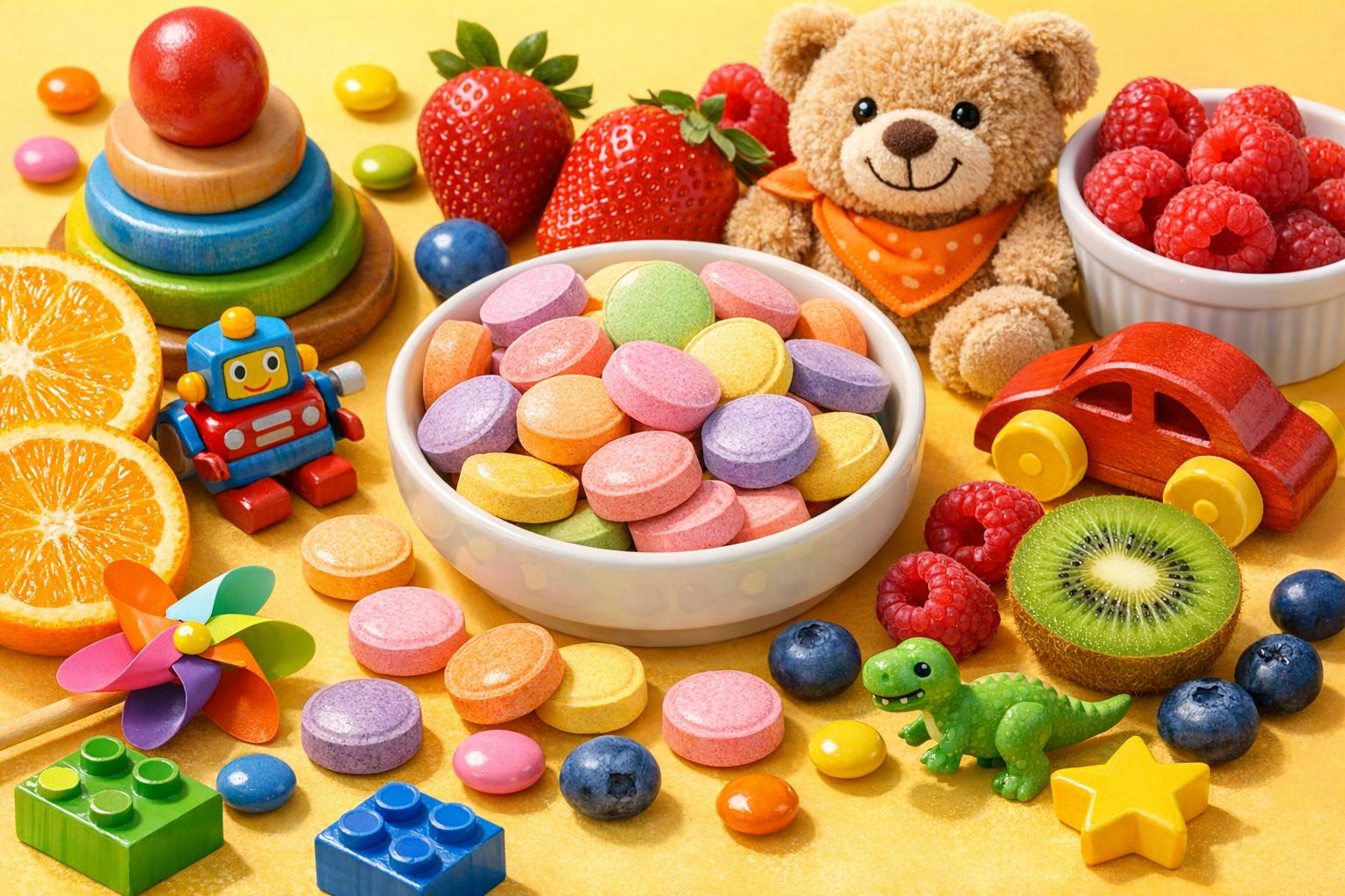 What solution offers and for whom it is suitable    < Aromatised and child-friendly   chewing vitamins provide a simple and safe way to provide daily vitamin