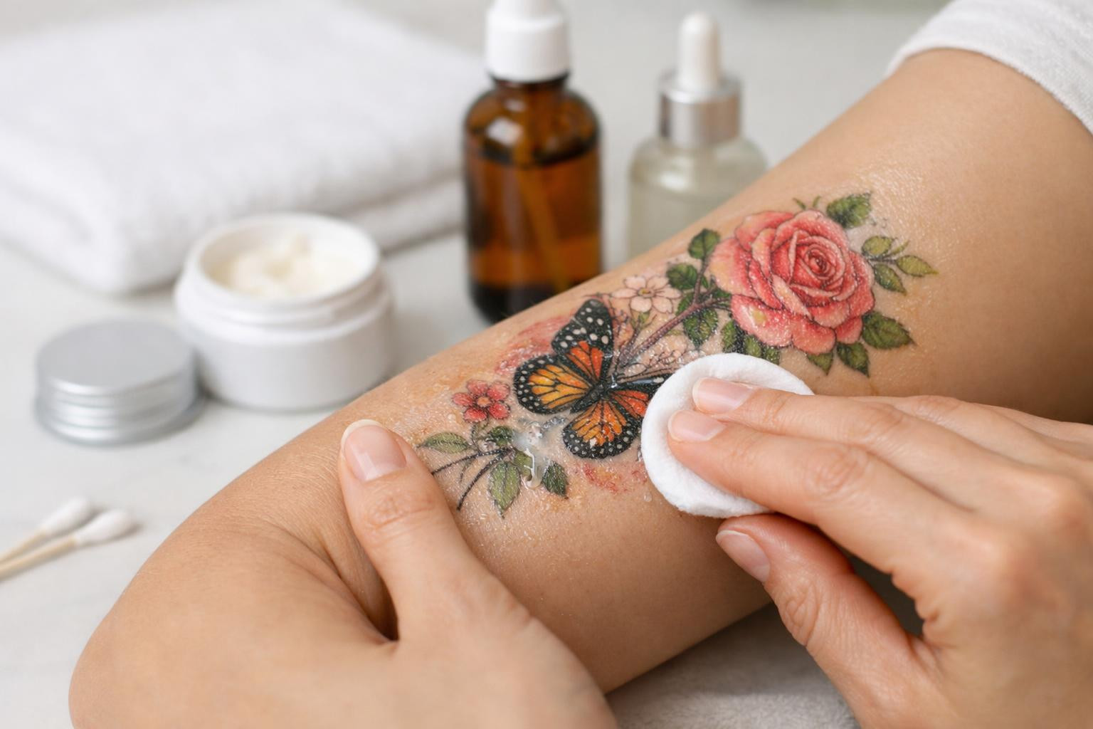 Pure start, lasting quality    Full tattoo care instructions  and professional  tattoo care and cleaning  ensure that the new art remains clear, colors bright a