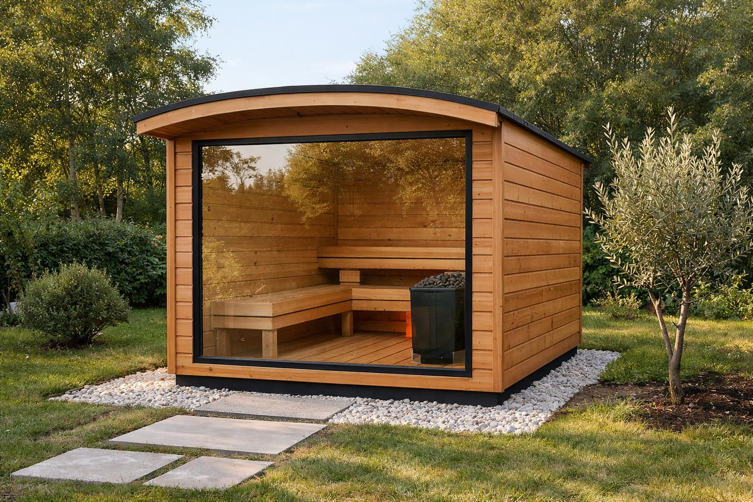 CLT‐sauna  brings together modern construction technology and scandinavian sauna culture: a stable cross-glued wooden structure, large  panoramaken ed, and a sm