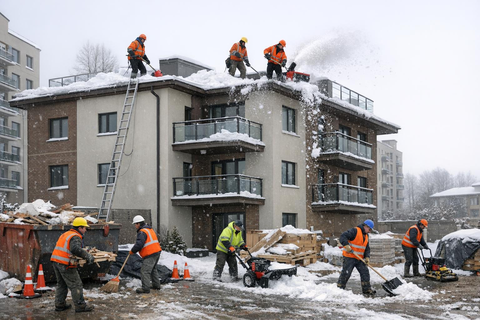 Security, maintenance and ready to use in one solution   < Full maintenance of buildings  combines professional roofing, fast snow cleaning from roofs and cl