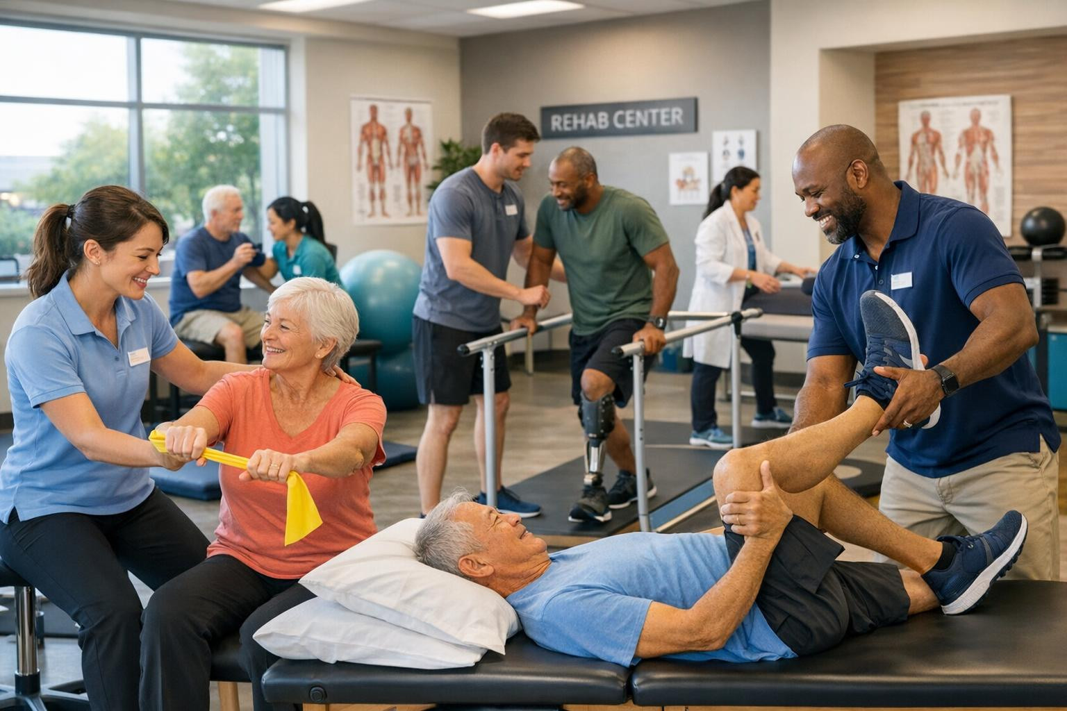 Full services in rehabilitation   offer a comprehensive and individual approach combining modern  physiotherapy  , targeted  postoperative rehabilitation  , spe