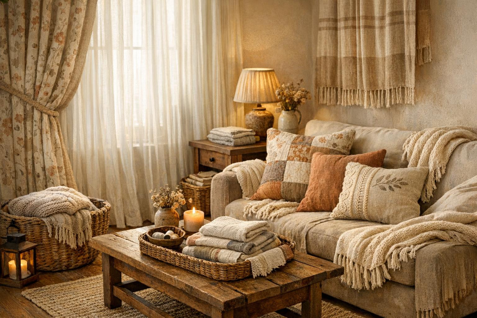 Handicraft curtains  and high-quality household textiles give the room a warm, comfortable and personal look. Each window cover is made according to the ordered