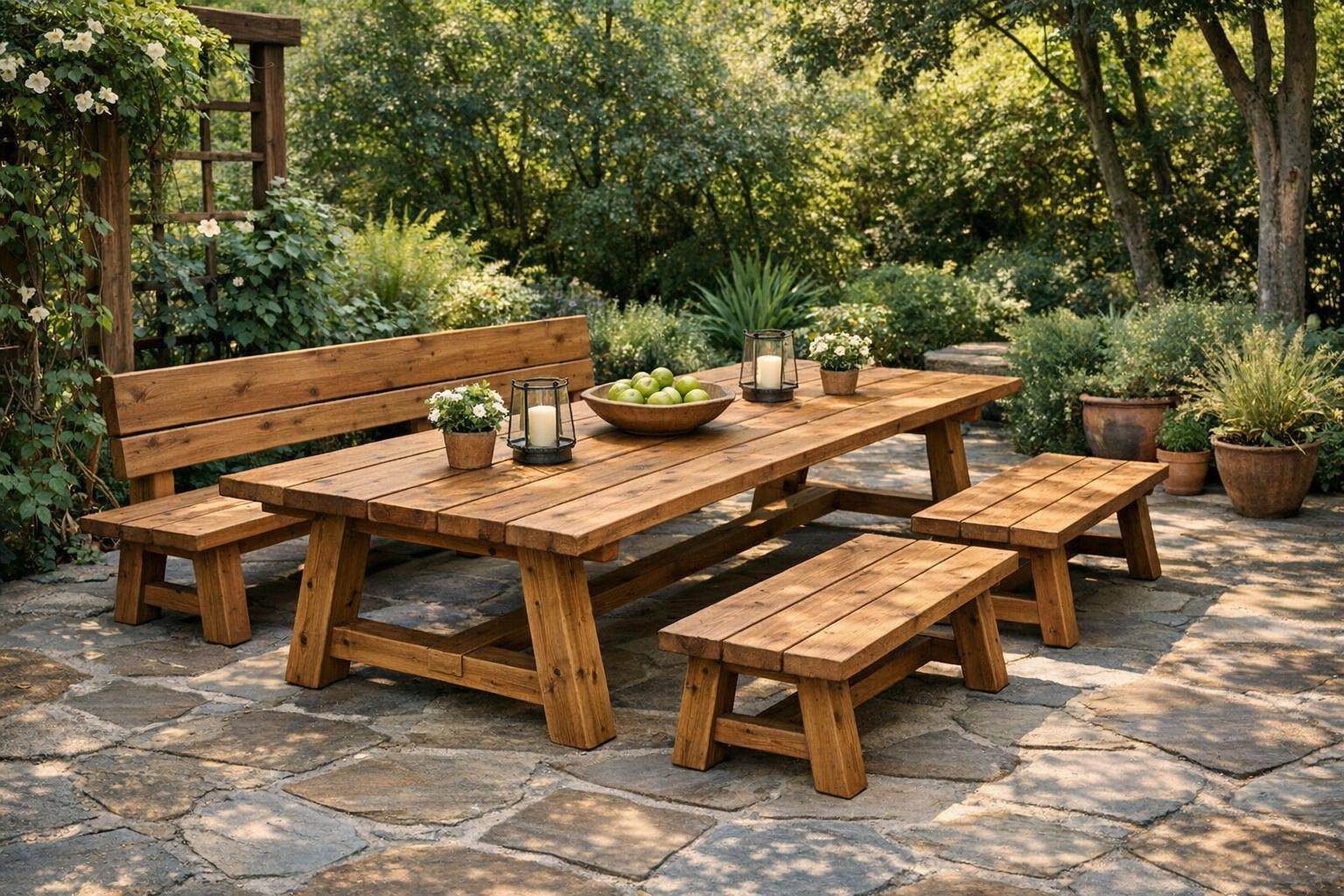 Handicrafts log furniture that creates a warm and durable environment     In the garden, the production of log furniture (table, bench)   combines traditional w