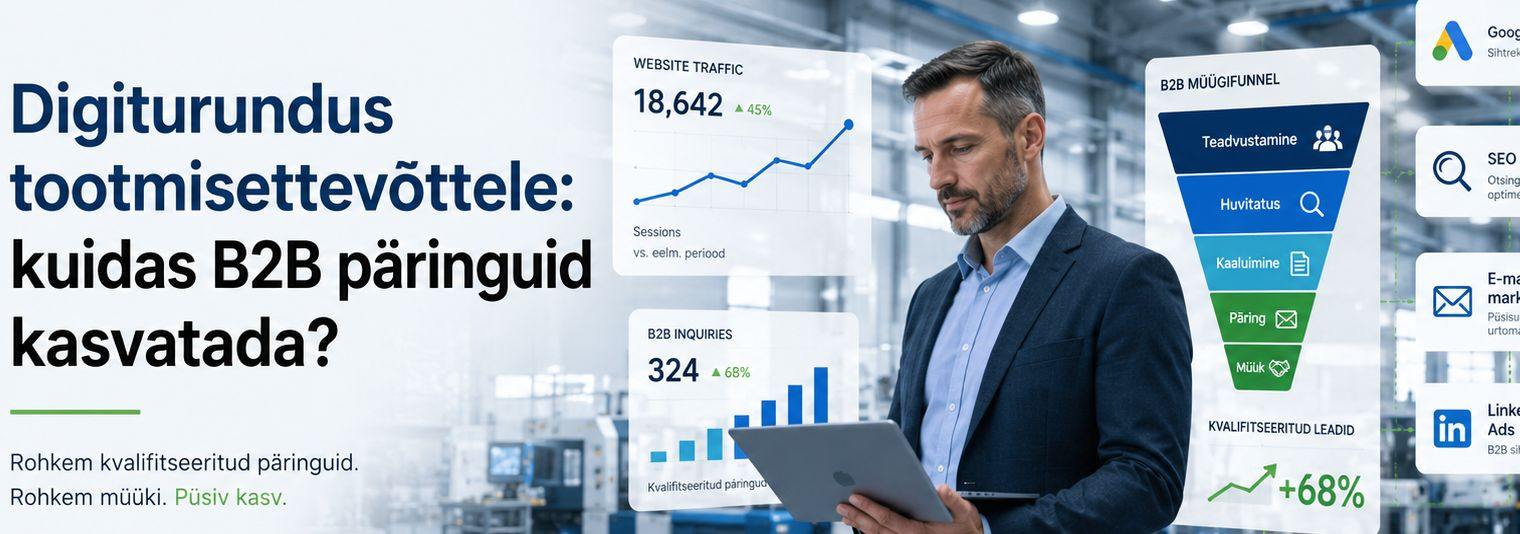 Tootmisettevõtte digiturundus peab tegema rohkem kui lihtsalt nähtavust kasvatama. Hästi üles ehitatud koduleht, SEO, Google Ads, LinkedIn ja sisuturundus aitav