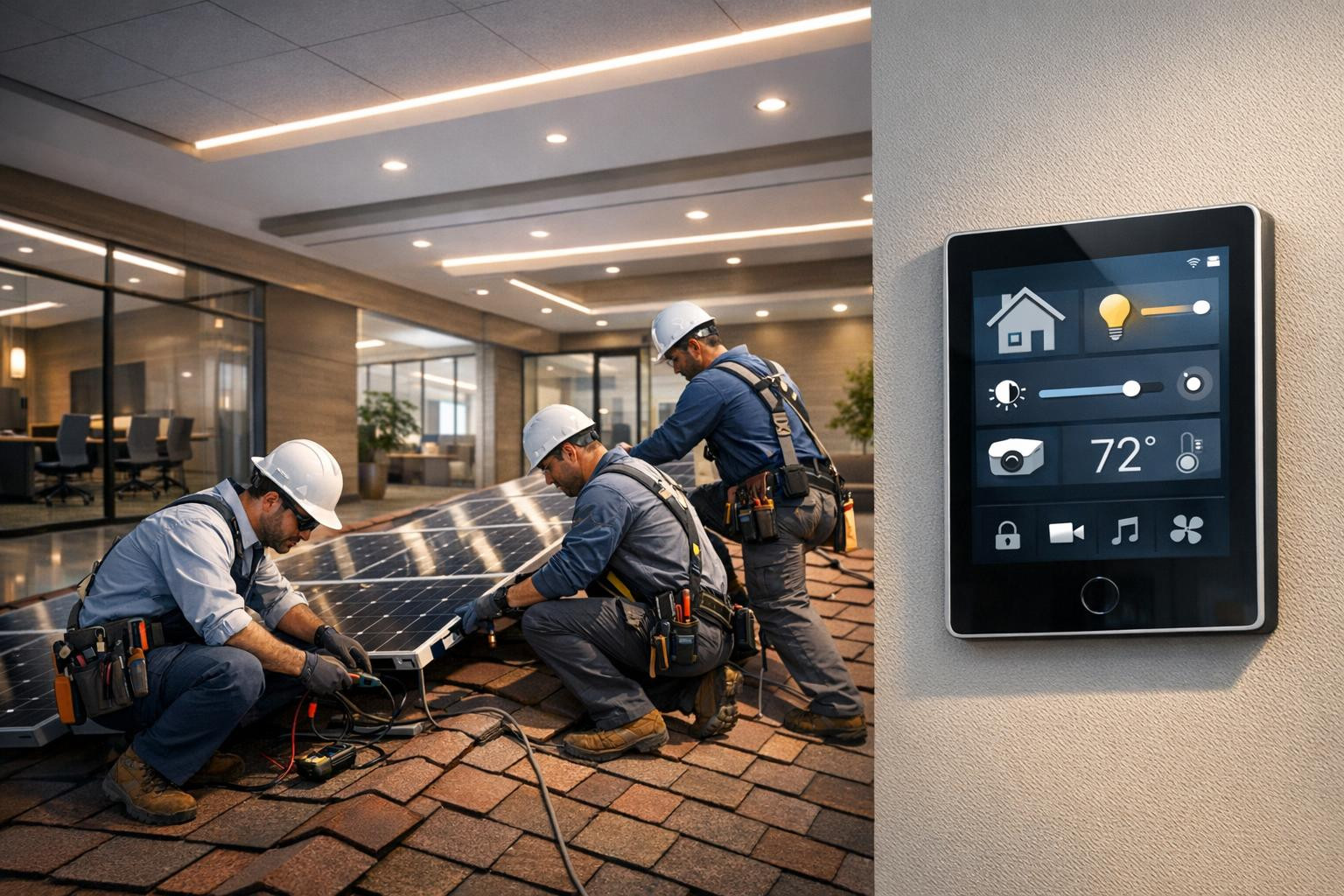 Full solution for electrical systems that reduce heating costs increases reliability and improves room comfort.  The combined approach is based on solar panels,