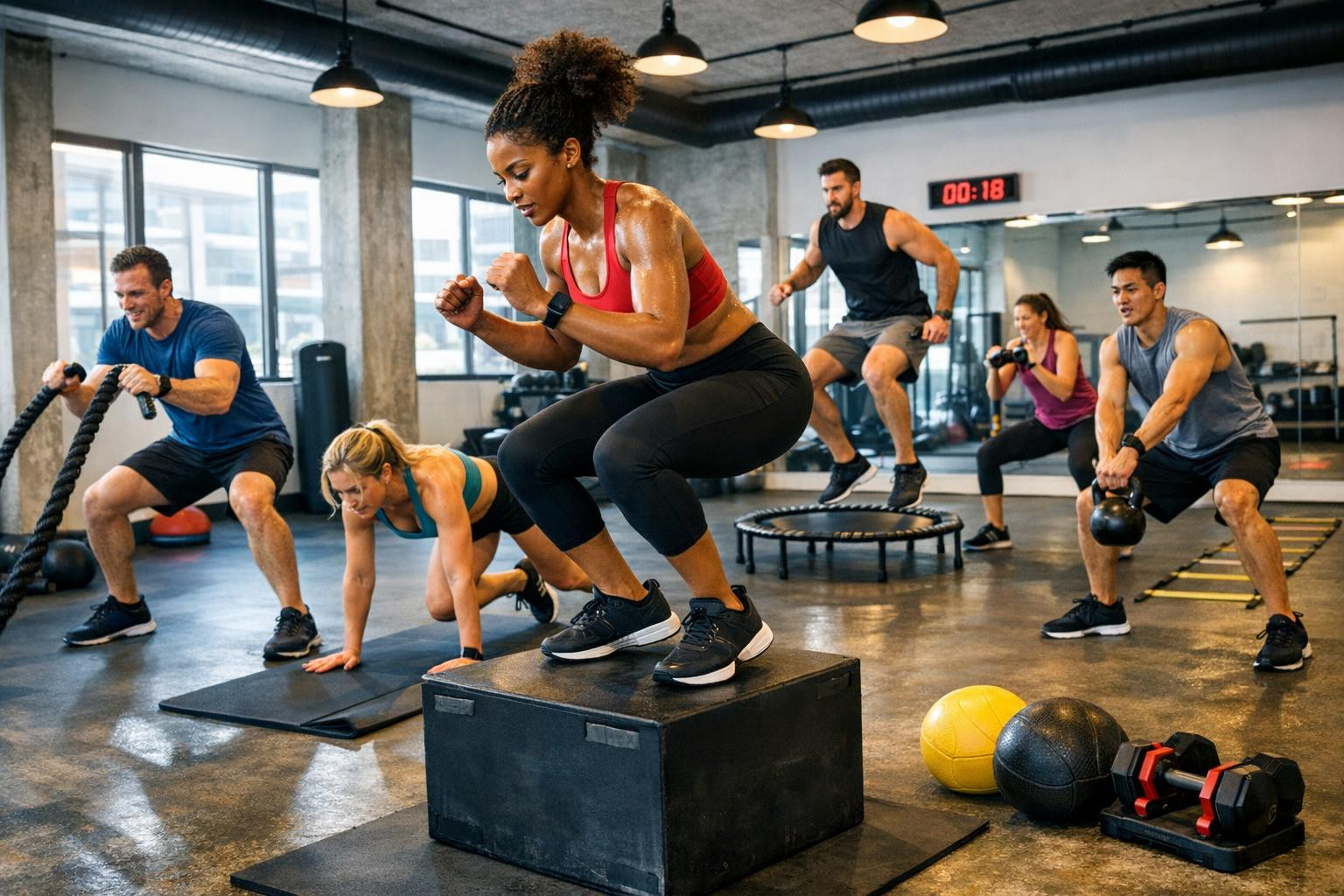 Energy-promoting group hours  combine the intensity of HIT training, the versatility of circular training and the practicality of functional training in order t