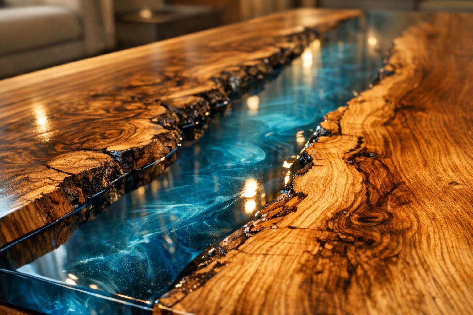 Epoxide tables  bring room for unique aesthetics and daily durability, combining the warm characteristic of the wood and the shiny protective layer of the epoxi