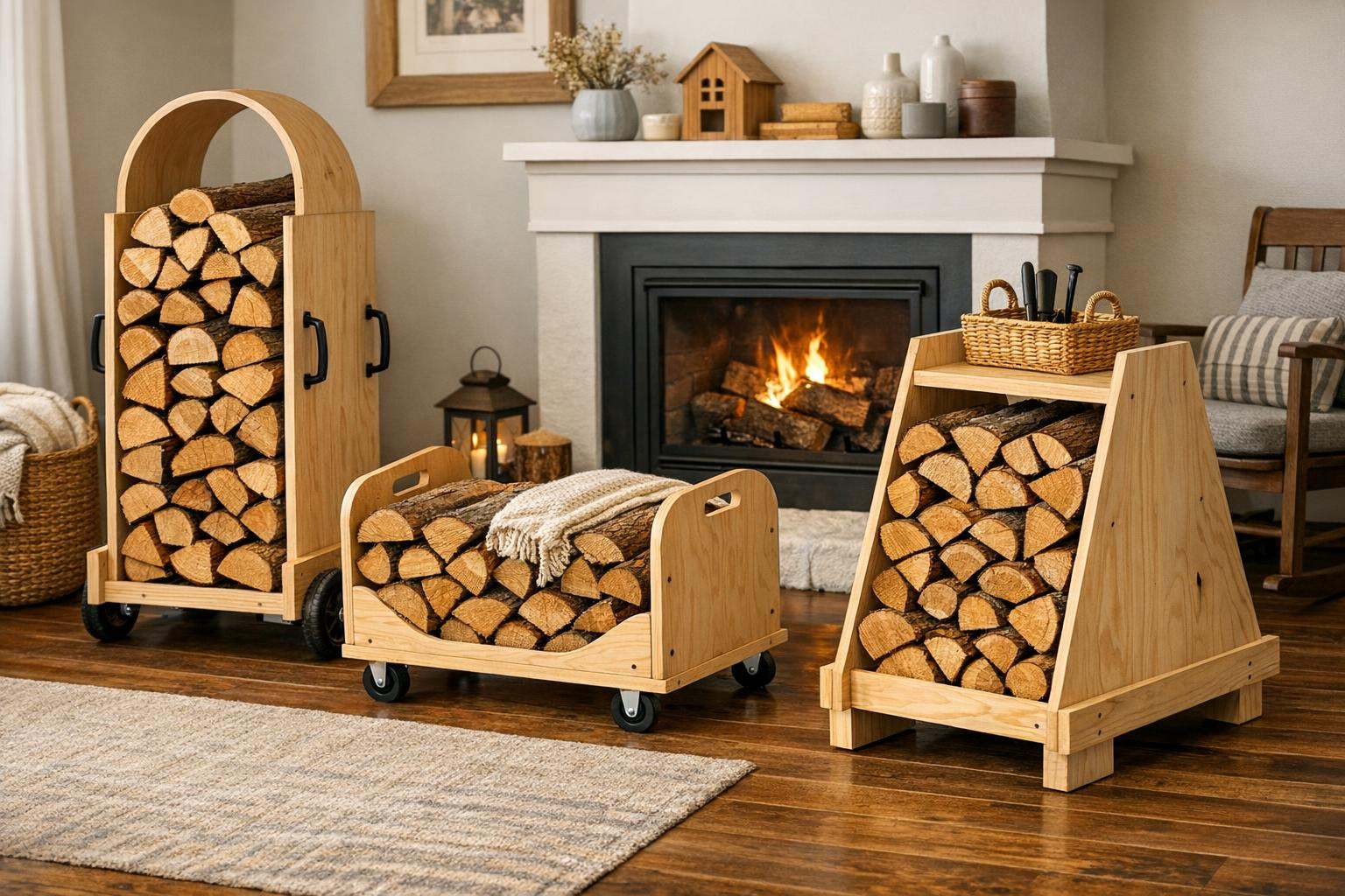 Simple handling of firewood in each home    Family-made plywood carts and holders  create a practical, durable and aesthetic way of transporting, drying and reg