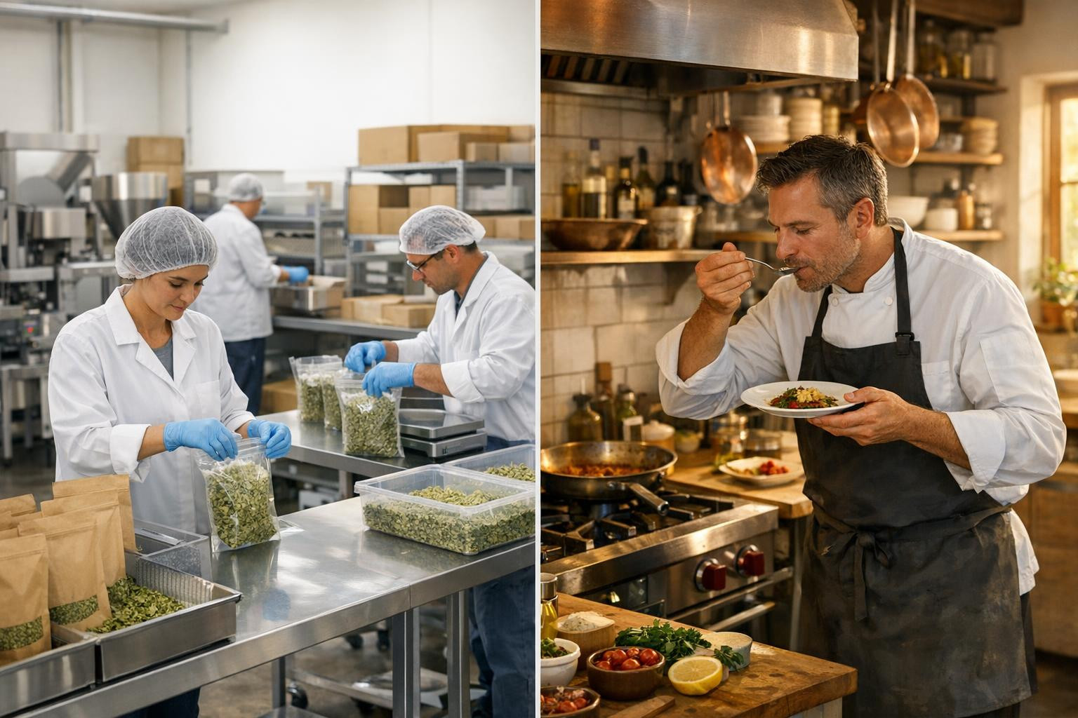 We have a clear goal: to make the food system simpler and more reliable for both producers and food places. For this purpose, we combine the processing, large-s