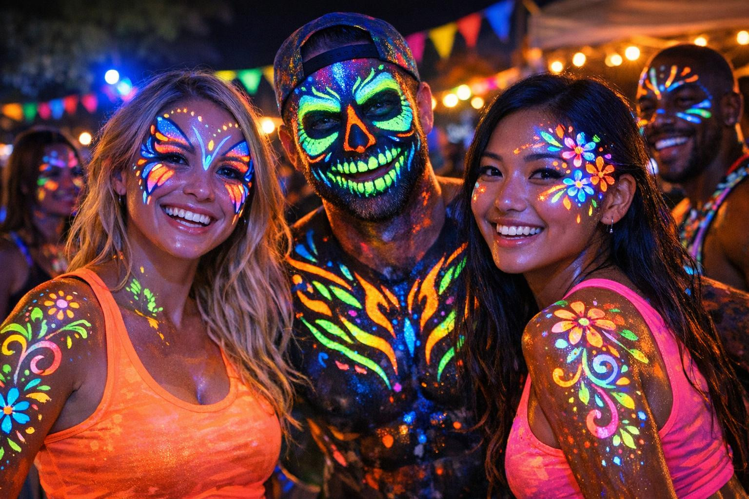 Face paintings and UV- makeup give each event an immediate visual impetus: colour patterns, bright UV-effects and professionally executed body decorations make 