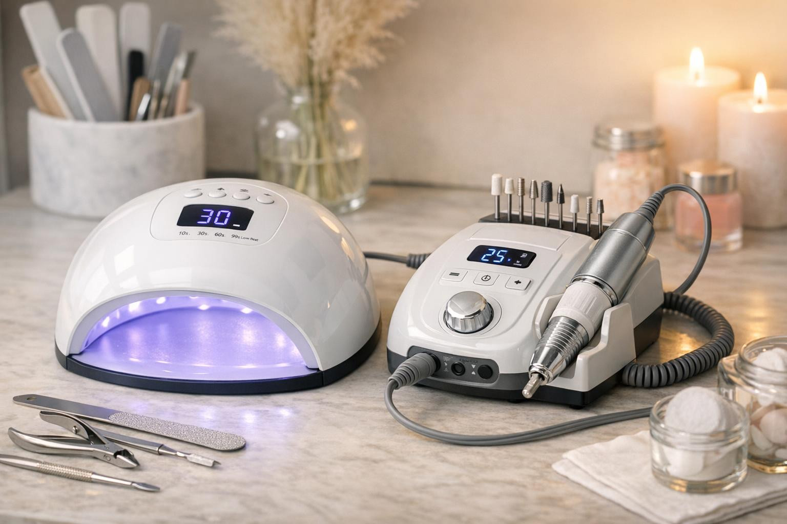 Quality of nail finishing requires tools that combine speed, accuracy and reliability.  Selection of different cabin tools, including energy-efficient  LED-lamp