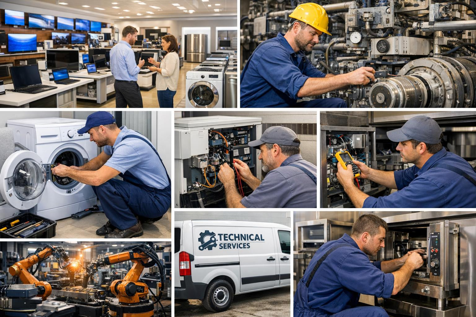 Full business solutions combine shop equipment, cashier equipment and payment systems, maintenance of household appliances and professional service of industria