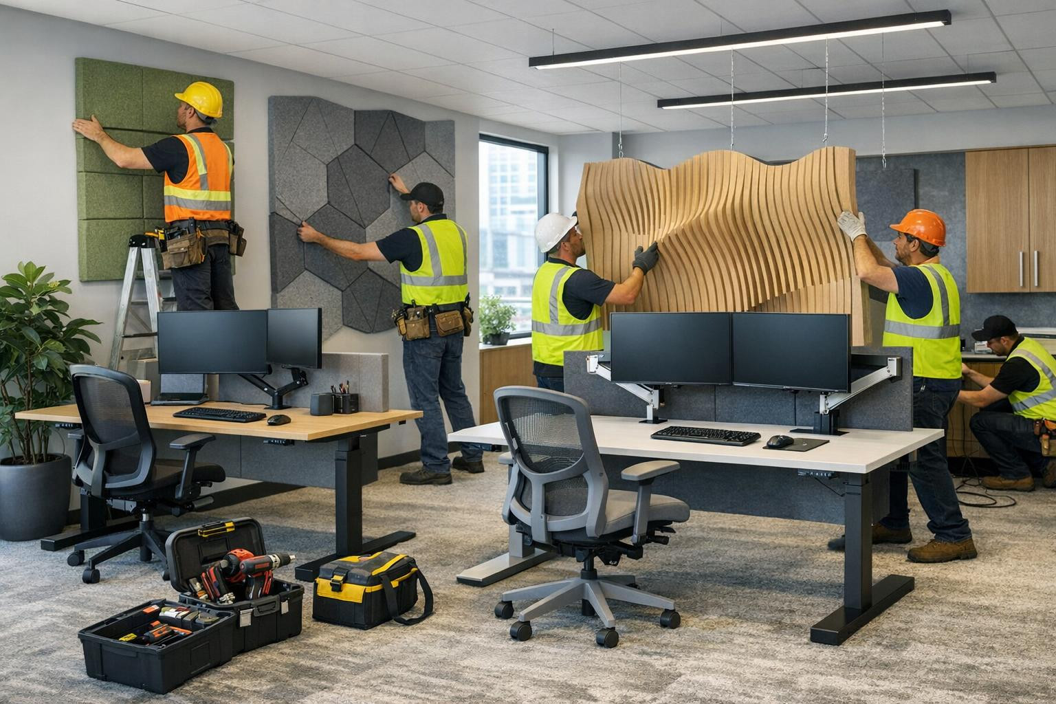 Full office solution  creates a space to support concentration, comfort and cooperation. Fitted table, table frame and ergonomic chairs with acoustic panels and