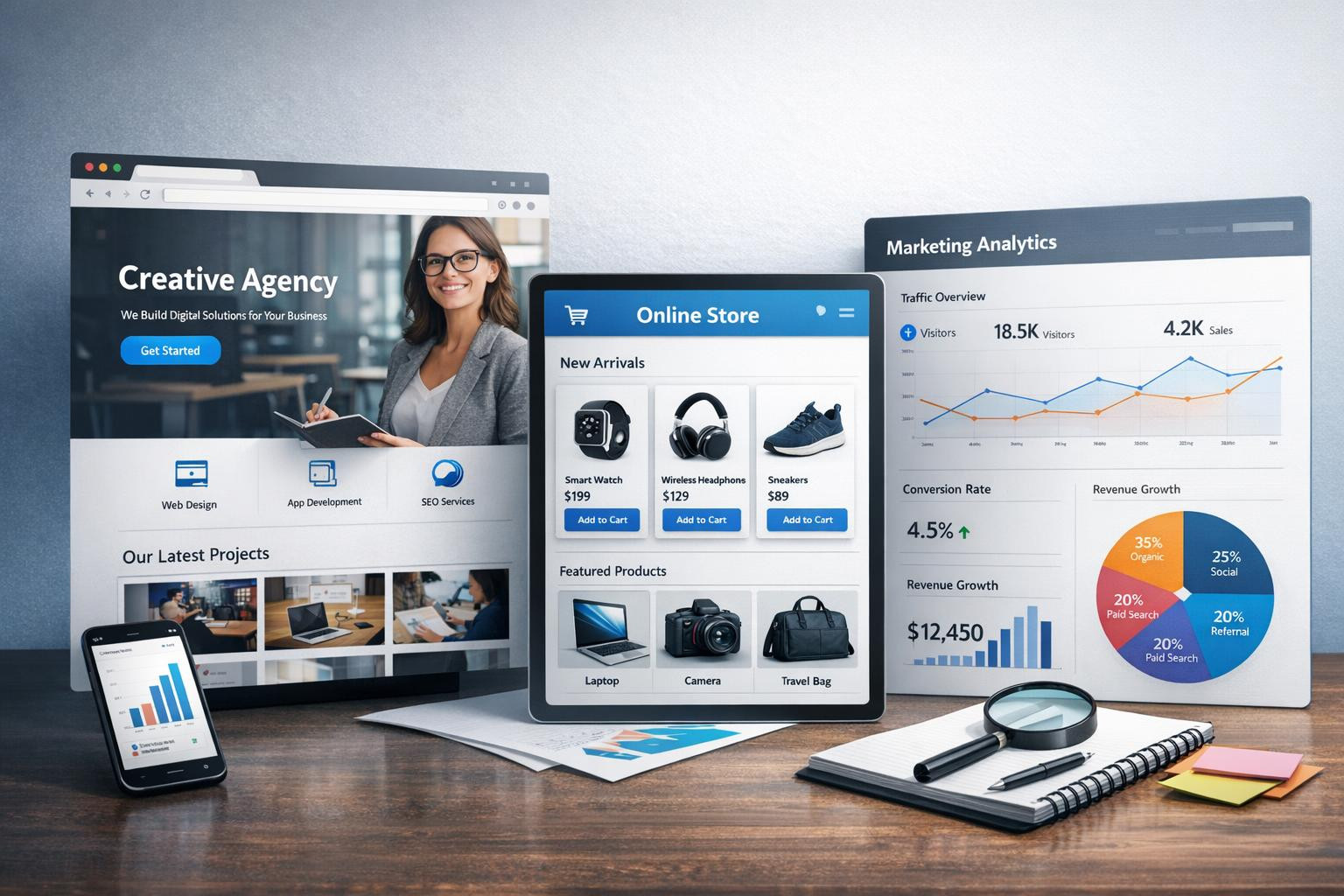 Full solutions from the web to the sale  combine strategic web development, strong e-shop architecture and targeted digital marketing to increase visibility and