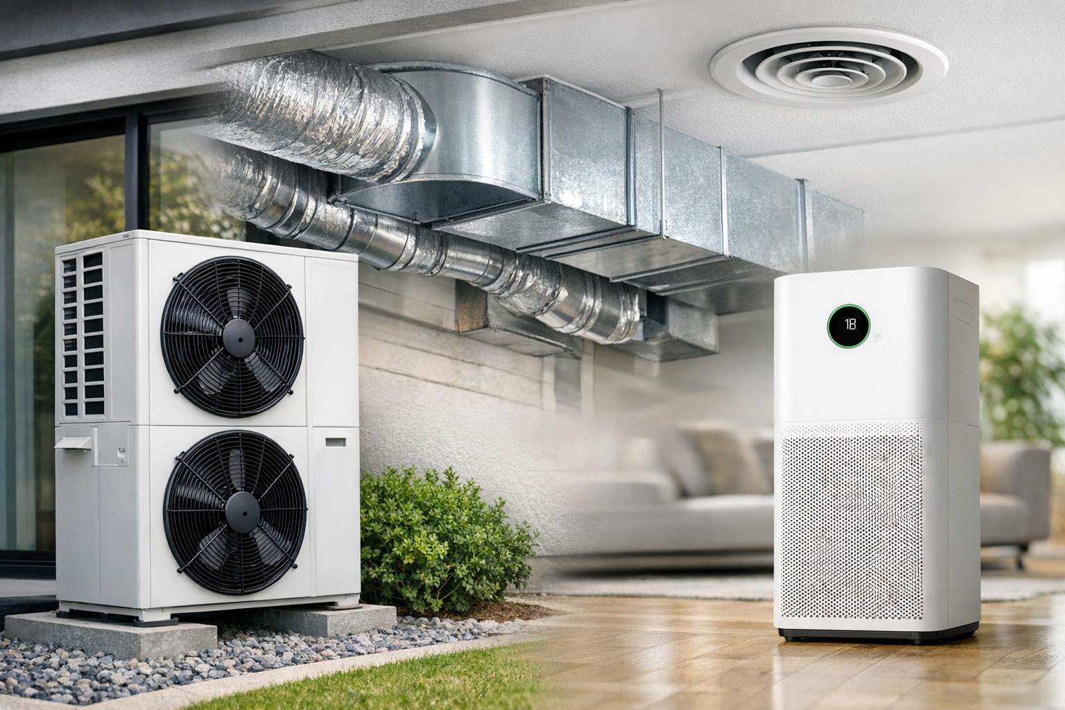 Full solutions HVAC  connecting heat pumps, ventilation, air conditioning and air purification to one of the coordinated systems that reduces energy costs, impr