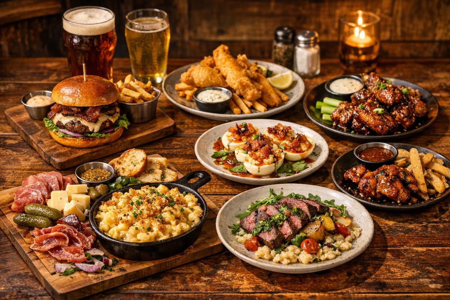 Gastropub menu  combines friendly atmosphere and carefully prepared flavours: from fast snacks to dignified main dishes, fresh salads and home desserts. Suitabl