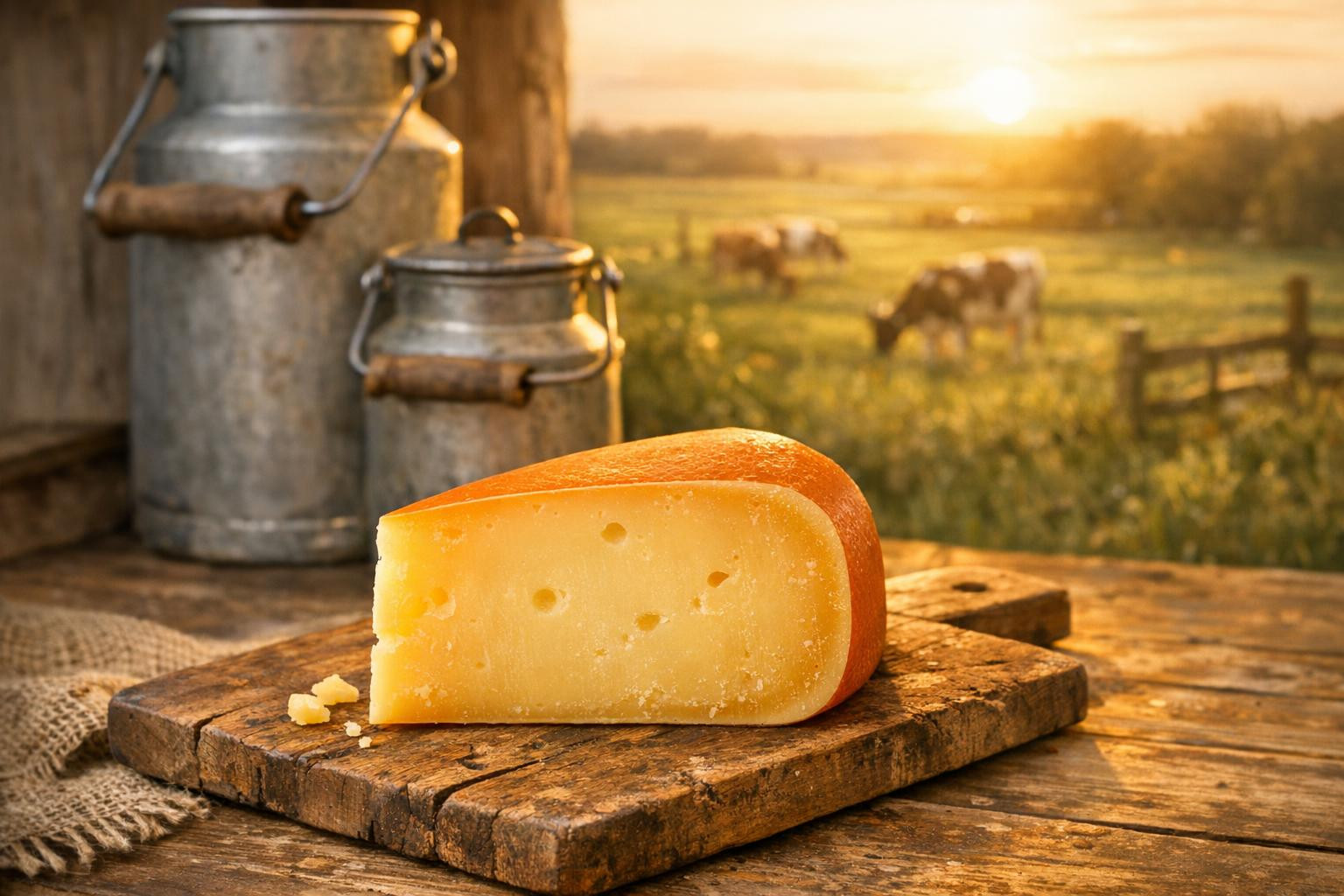 Gouda‐style farm cheese  ripens the farm from its cow’s milk, offering a genuine and observable taste experience. A full texture and a combination of controlled