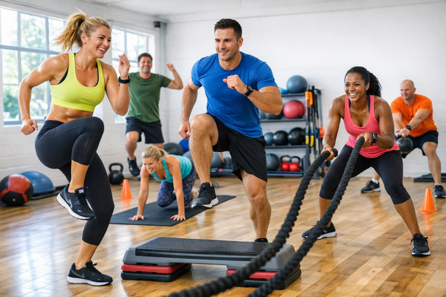 What do group training offer?  Energy group hours combine  functional training  and intensive  cardiotherapy  with interval-based structure to accelerate the de