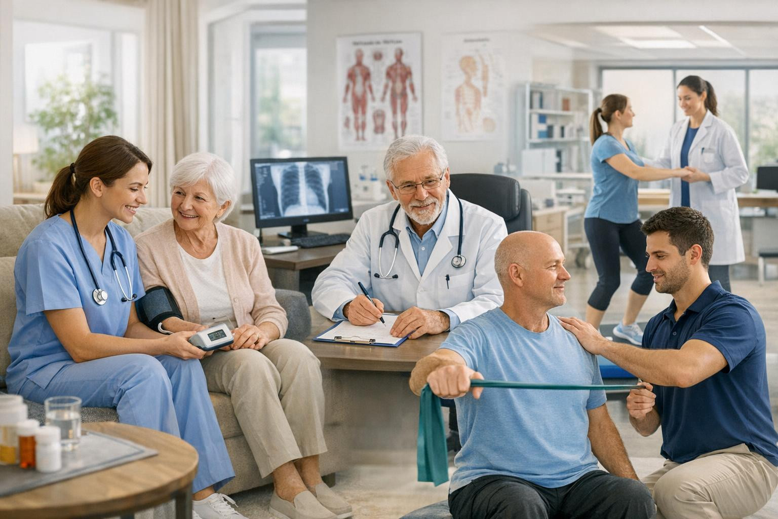 Full and human health background     Health solutions  combine home care and outpatient care with a reasonable, effective and human-centred approach. The servic