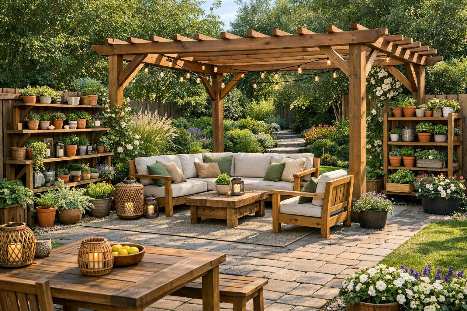 Full garden design solution  combines beautiful aesthetics and practical endurance by creating a courtyard area where holidays, parties and everyday life get a 