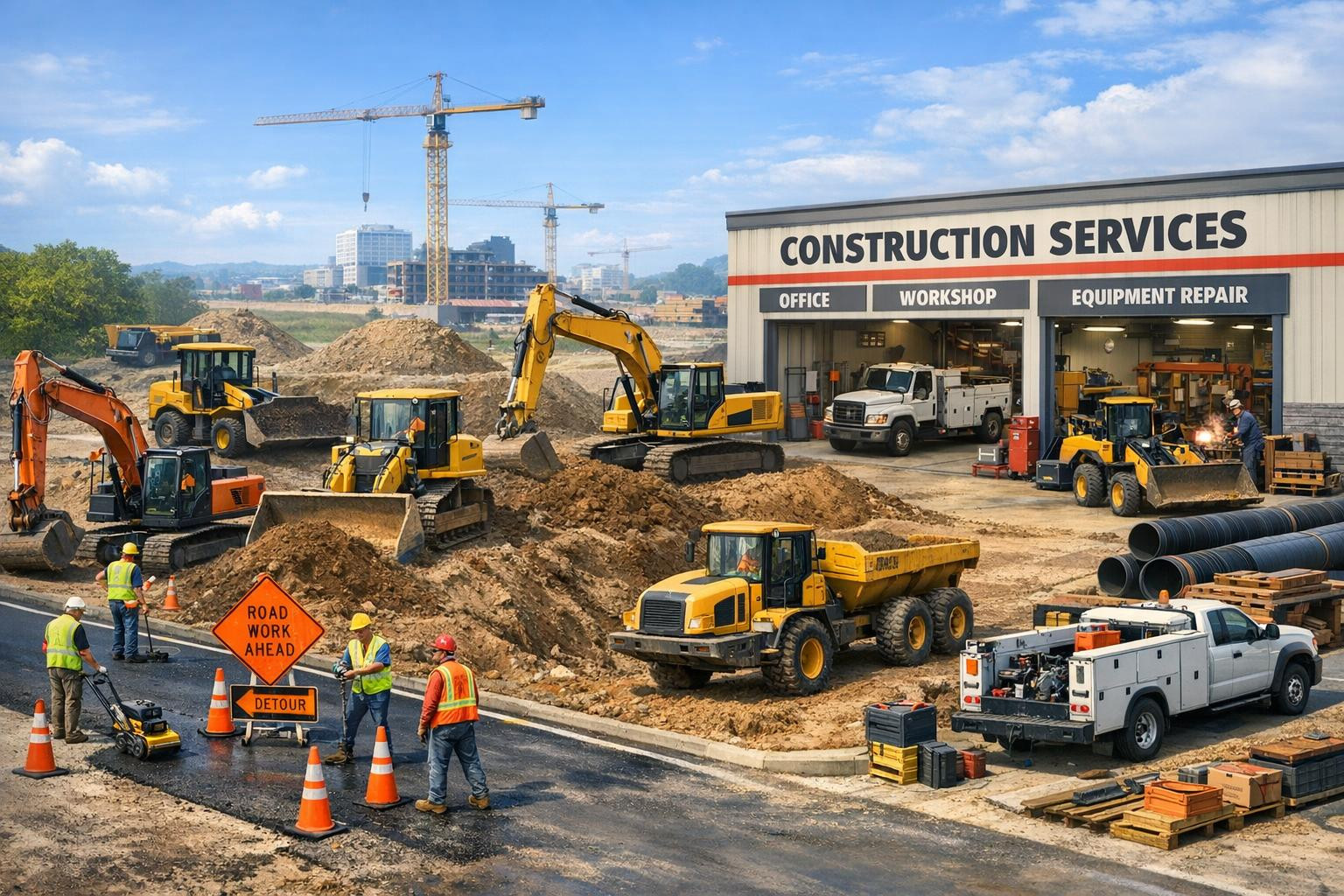 Full solution for construction and real estate projects    < Integrated construction and real estate  combines road construction, digging and soil work, mach