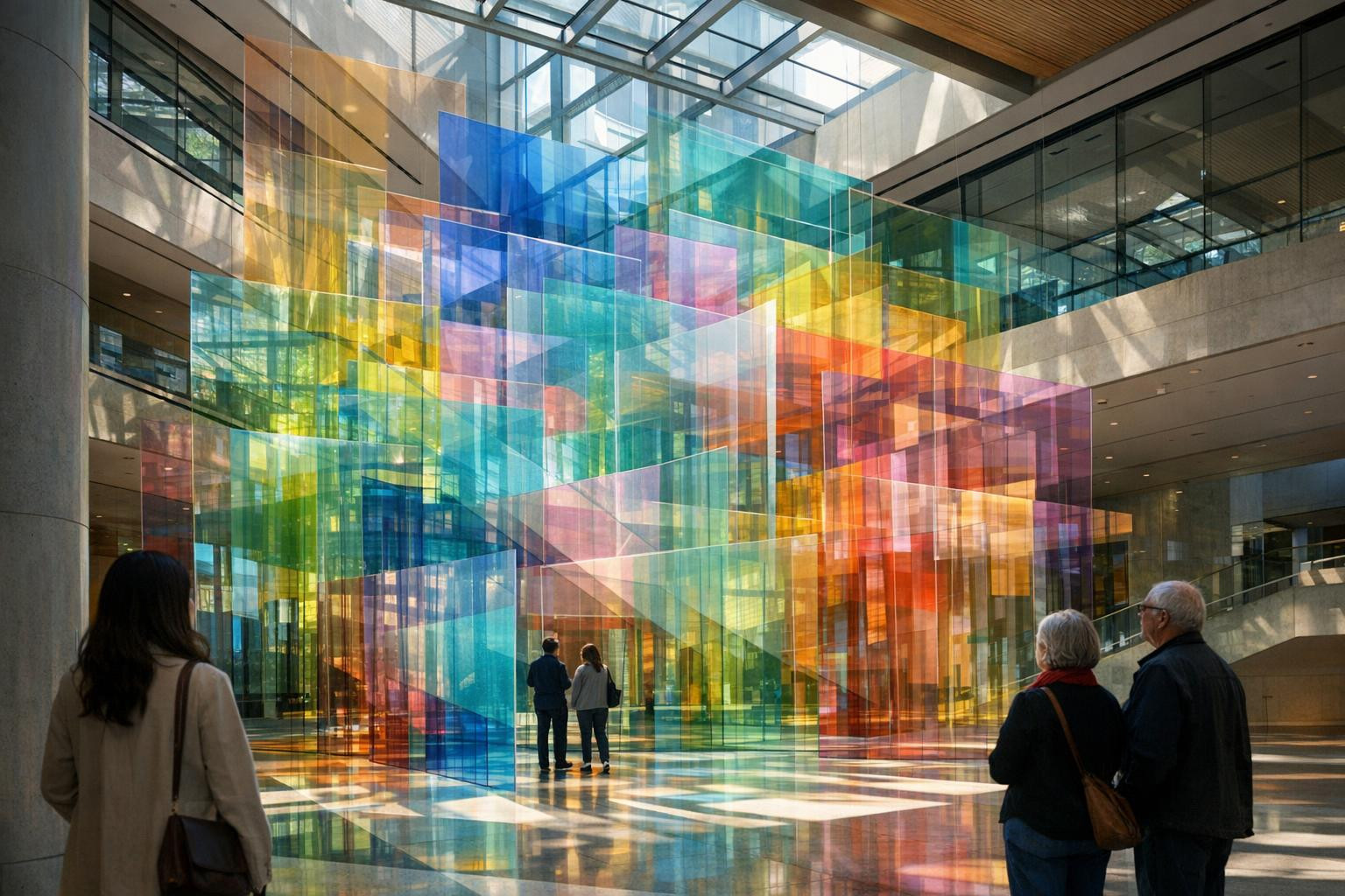 Local-based glass installations in the symbiosis of architecture and light    Local-based installations  create an identity for the room where the large forms o