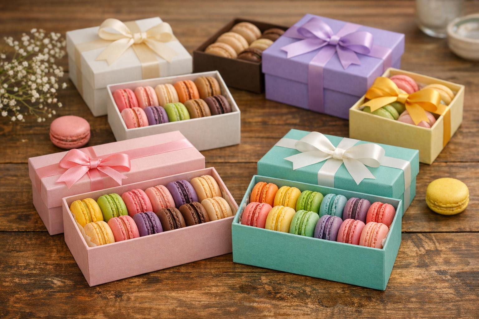 Colour-bearing macronutrient boxes - pleasures for the eye and taste     Macronys  offer refined sweet experience: airily soft core, crisp crust and intense fla