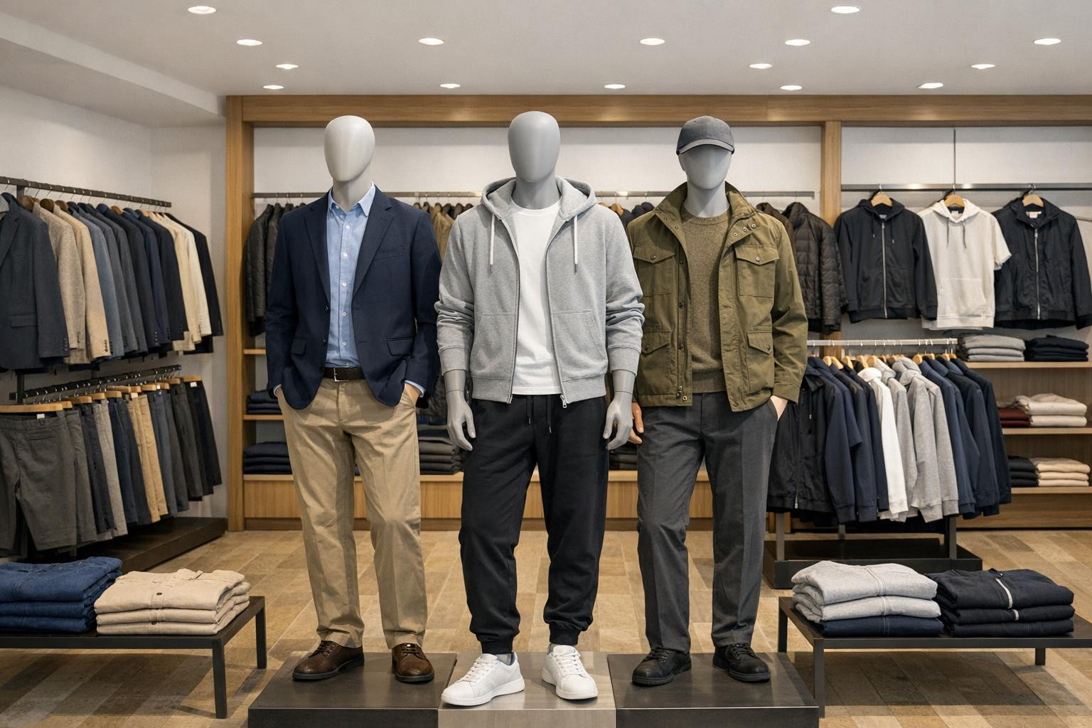 Miscellaneous male collection brings together trousers and jeans, ...