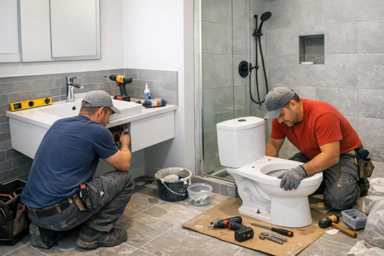 Professional sanitary fixture installation and connecting - safe bathroom without leakage