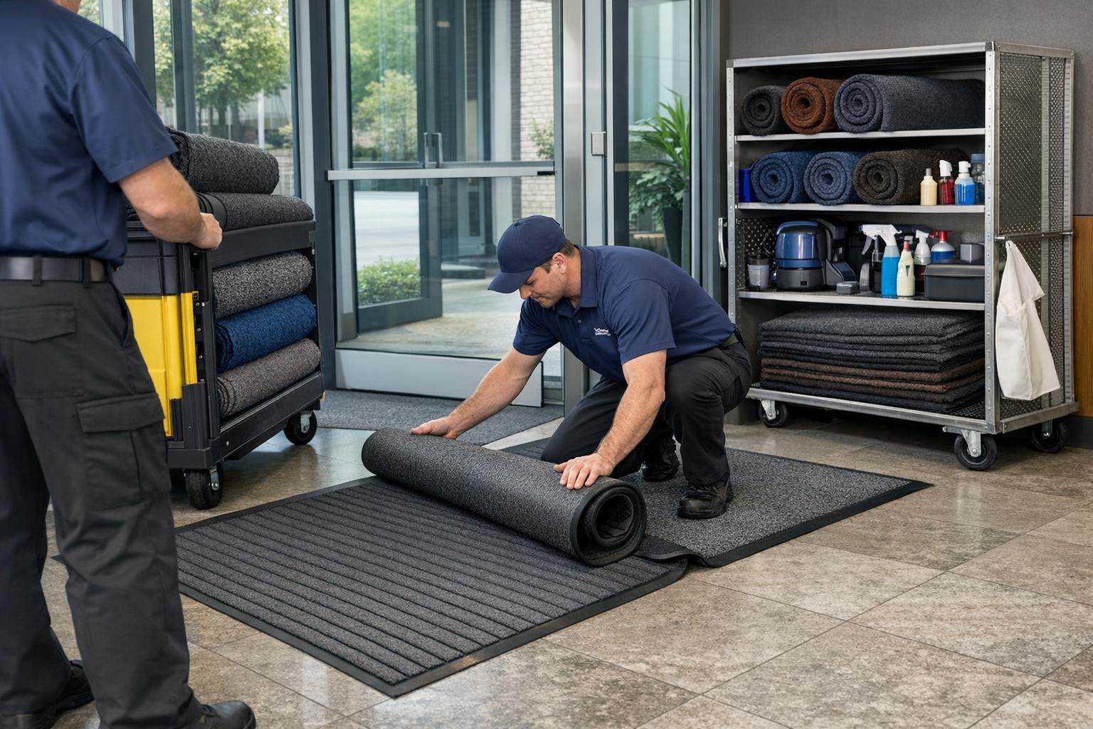 Pure, safe and representative entrance from first step   < Door mats rent  with regular   carpets maintenance   ensures that reception, shop front and office