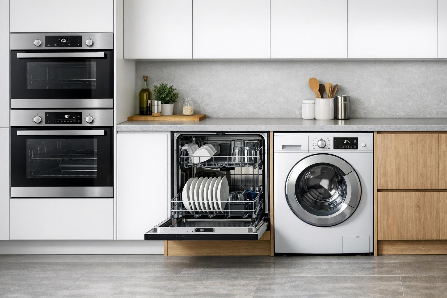 The selection includes energy-efficient kitchen appliances and reliable washing and drying equipment, which facilitate daily homework and save on the economy. F