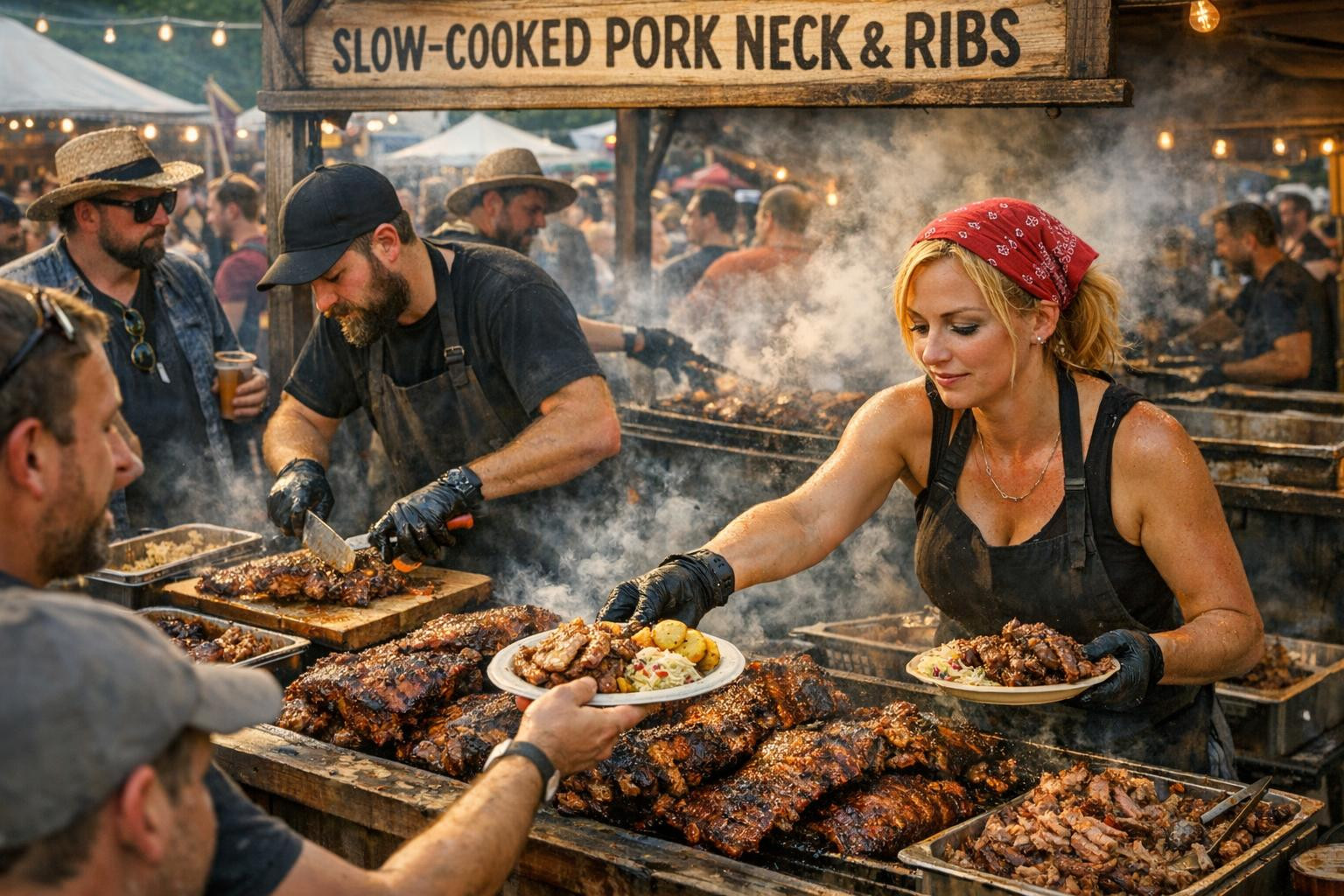 Slowly baked off-cooked neck carbonates and ribs offer an authentic, juicy BBQ experience that attracts people and makes every summer event memorable. The hotly