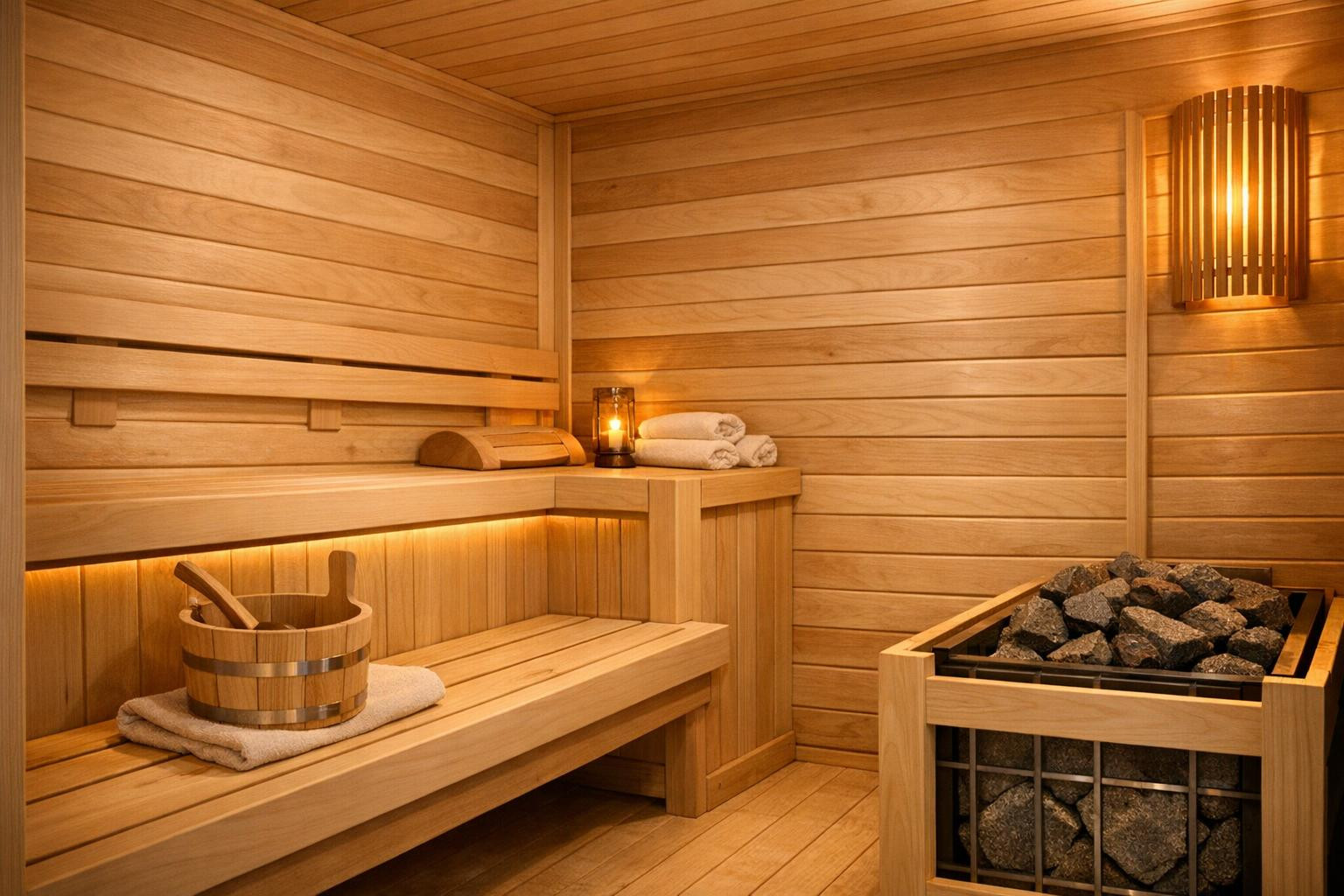 Create a warm, healthy and durable sauna environment with natural materials    The sauna table and the finished sauna panels  offer a perfect combination of sof